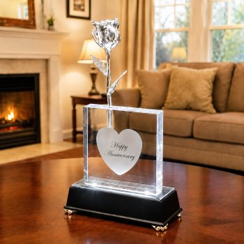 Illuminated 8" Silver Rose in 5" Personalized Crystal Vase